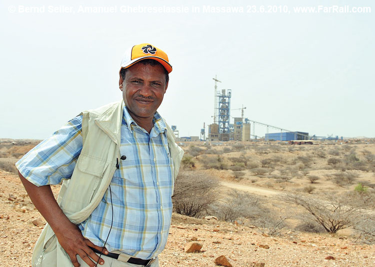 The General Manager of the railway in front of the cement factory near Massawa-Gadem 
